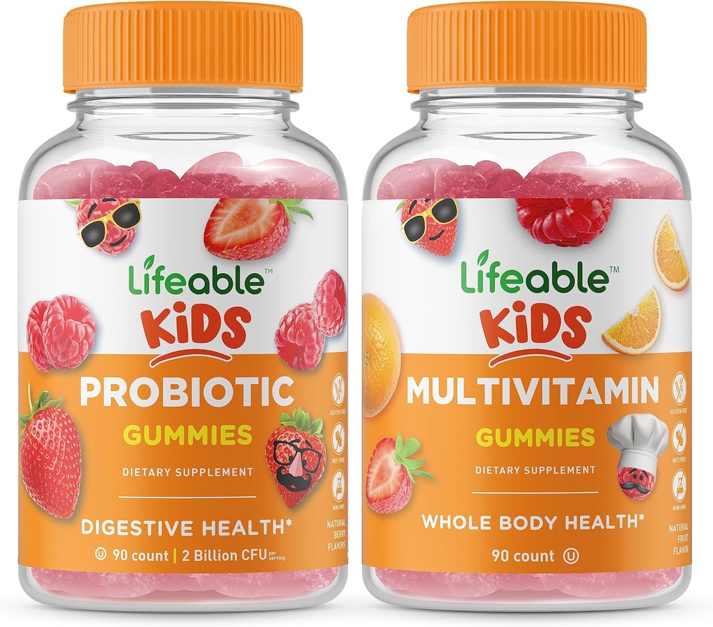 Lifeable Probiotic 2 Million CFU Kids + Multivitamin Kids, Gommies Bundle - Grande dégustation, supplément de vitamine, sans gluten, sans OGM, gommy à croquer