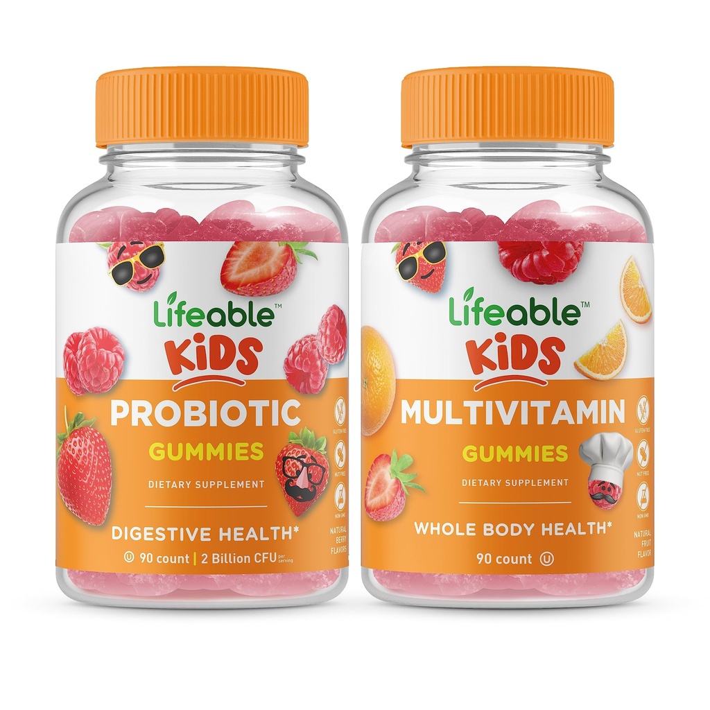 Lifeable Probiotic 2 Million CFU Kids + Multivitamin Kids, Gommies Bundle - Grande dégustation, supplément de vitamine, sans gluten, sans OGM, gommy à croquer