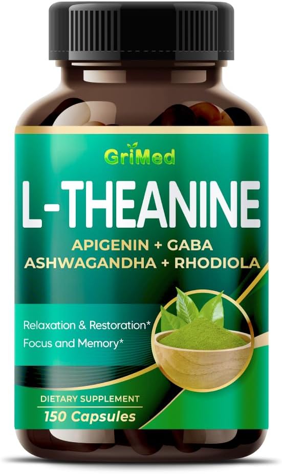GriMed L-Theanine 11 900mg- X10 Puissance avec Apigenin, GABA Ashwagandha, Rhodiola - Relaxation et restauration Focus et mémoire - Fabriqué aux États-Unis (150 Nombre (paquet de 1))
