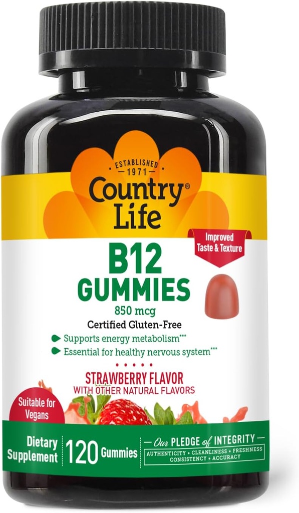 Country Life Vitamine B12 Gummies – 850 mcg Cyanocobalamine, 120 Compte – Vegan, supplément sans gluten pour le métabolisme de l'énergie et le système nerveux support – Fraise naturelle parfumée, 2g sucre