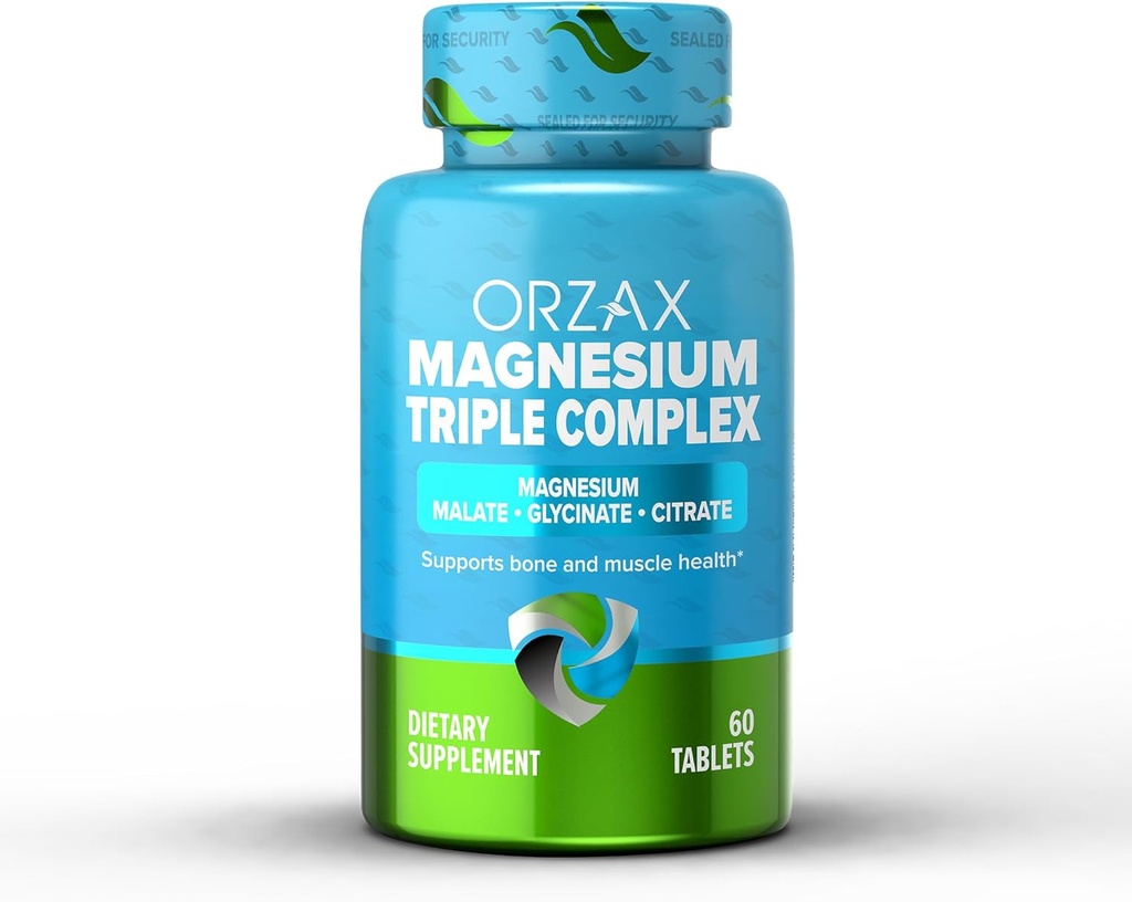 ORZAX Magnésium Triple Complexe de Magnésium glycinate, Citrate, Malate, Vegan, Sans gluten, Sans lait, Halal, 200 mg de Magnésium triple complexe pour les muscles et l'énergie pour les femmes et les hommes, 60 comprimés