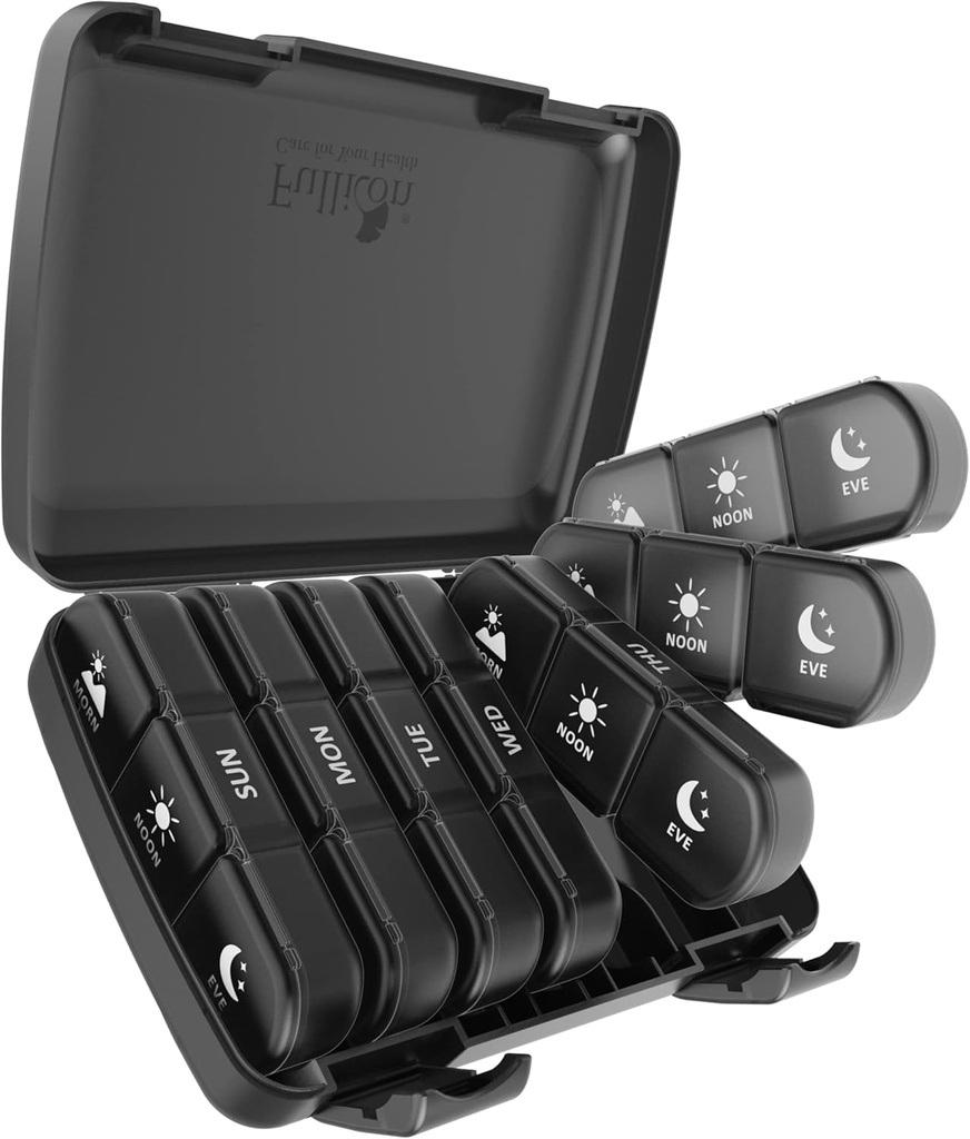 Organisateur de pilules 3 fois par jour, Fullicon Large Weekly Pill Case 7 jours, boîte à pilules quotidienne avec 21 compartiments, distributeur de pilules pour pilules/vitamine/huile de poisson - Noir
