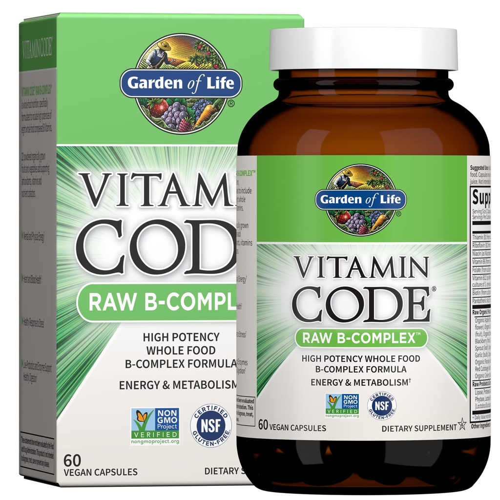 Jardin de la vie Complexe Vitamine B, 60 Capsules Vegan, Vitamines de haute puissance pour l'énergie et le métabolisme avec B6, Folate et B12 comme méthylcobalamine Plus Probiotiques