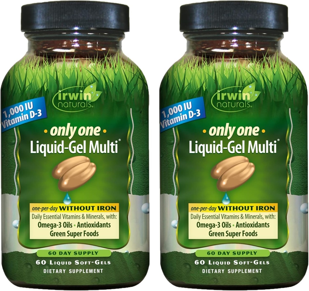 Irwin Naturals seulement un liquide-gel multi sans fer - 60 liquides doux-gels, paquet de 2 - Oméga-3 huiles, antioxydants et aliments verts super - 120 Total des portions