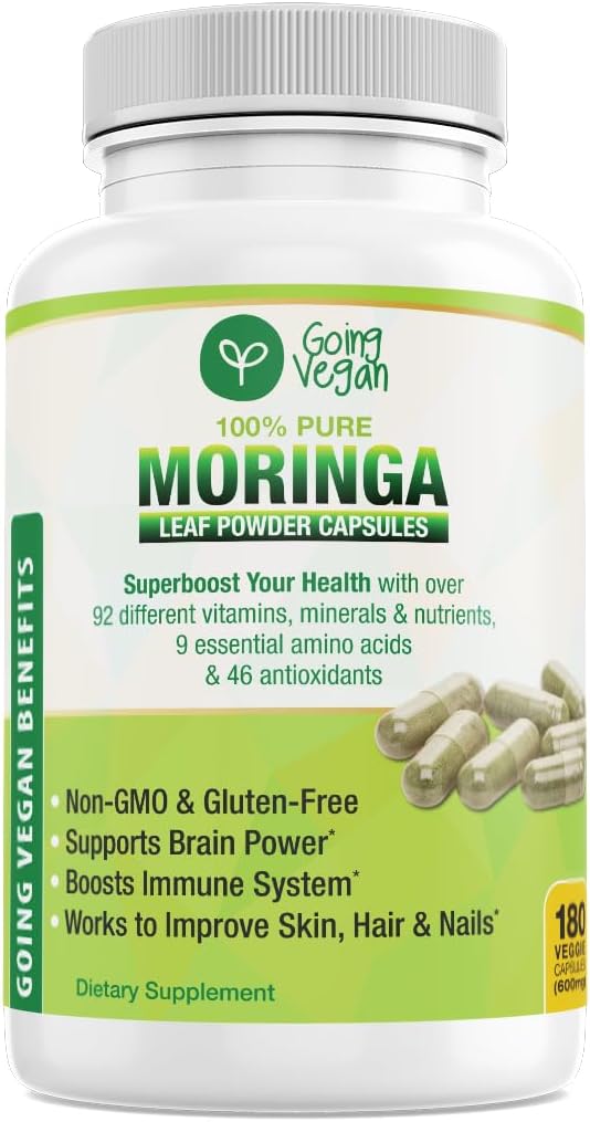 Moringa Capsules, 180 Vegan Pure Oleifera Leaf Powder Pills, 1200mg Per Serving, Non-GMO and Gluten-Free Supplement, 3 Months Supply, Immune System Support, Metabolism and Energy Booster