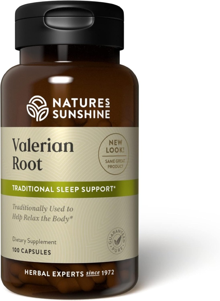 Nature's Sunshine Valerian Root, 100 Capsules.Le supplément à base de plantes favorise la relaxation, soutient le sommeil et offre le soutien du système nerveux naturel