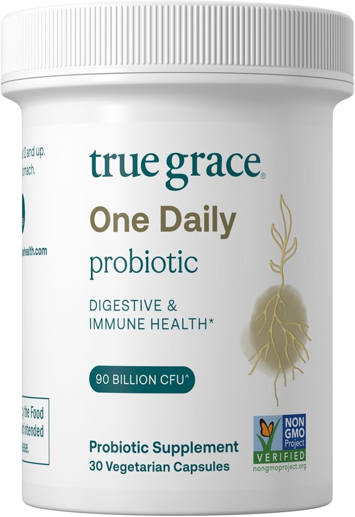 True Grace One Daily Probiotic - 30 Capsules végétariennes - 90 Million CFU - Gut, Digestive et Immune Health Support Blend avec fibre prébiotique - Sans gluten et sans soja
