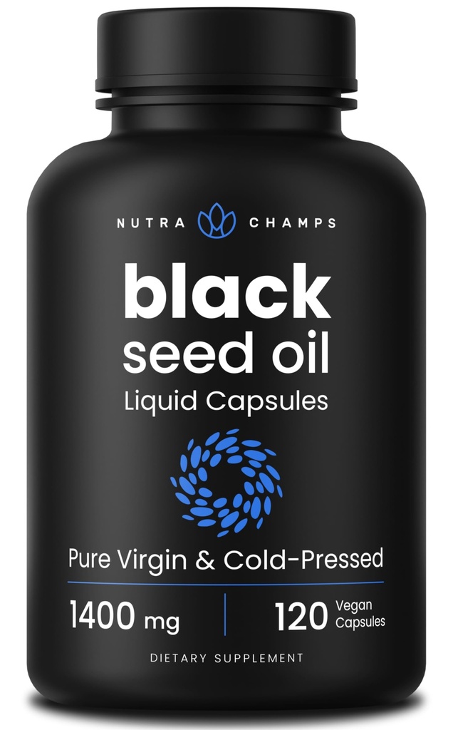 NutraChamps Black Seed Oil Organic Cold Pressed (en anglais seulement) 120 Vegan Softgel (en anglais seulement) Virgin Nigella Sativa Pills with Vitamine E & Thymoquinone (en anglais seulement) Riche en oméga 3 6 9