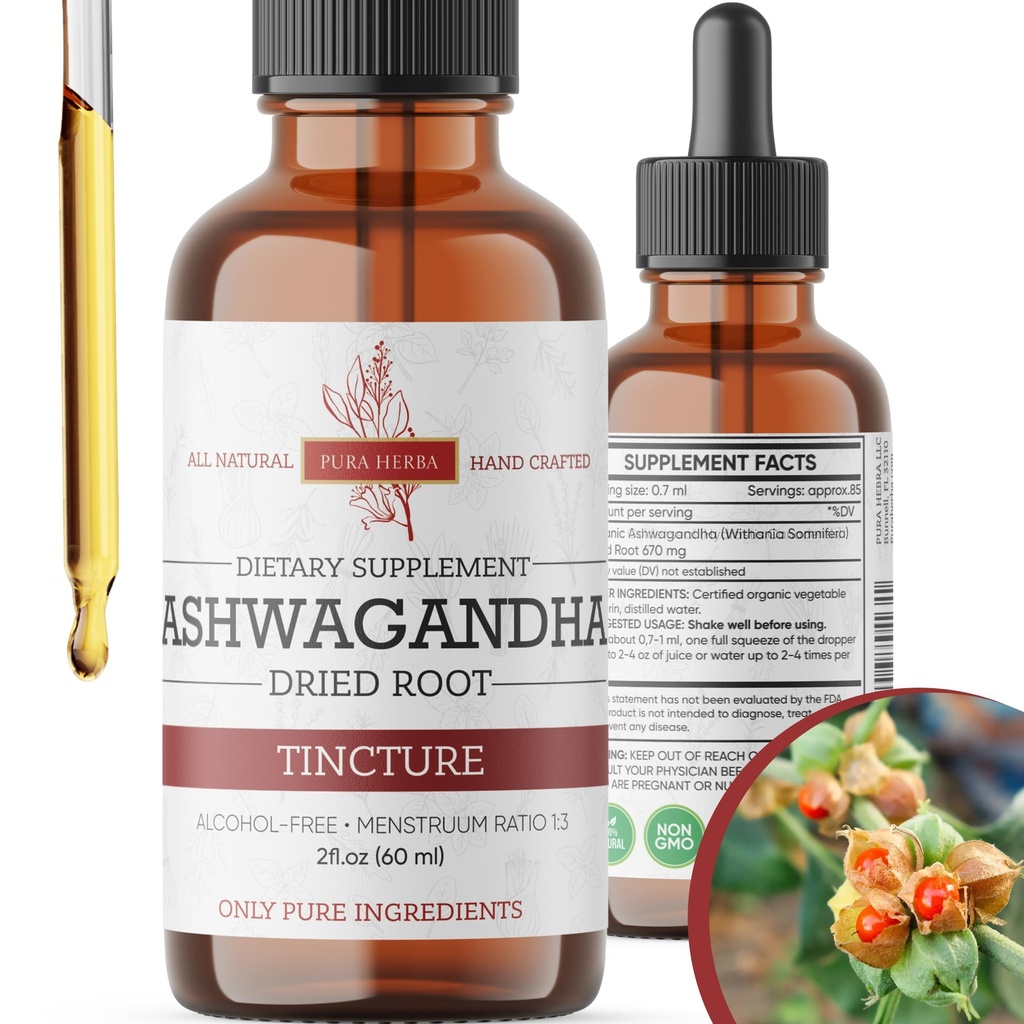 Les gouttes liquides d'Ashwagandha bio, la teinture racine d'Ashwagandha, les suppléments d'extrait d'Ashwagandha - 2 Fl Oz
