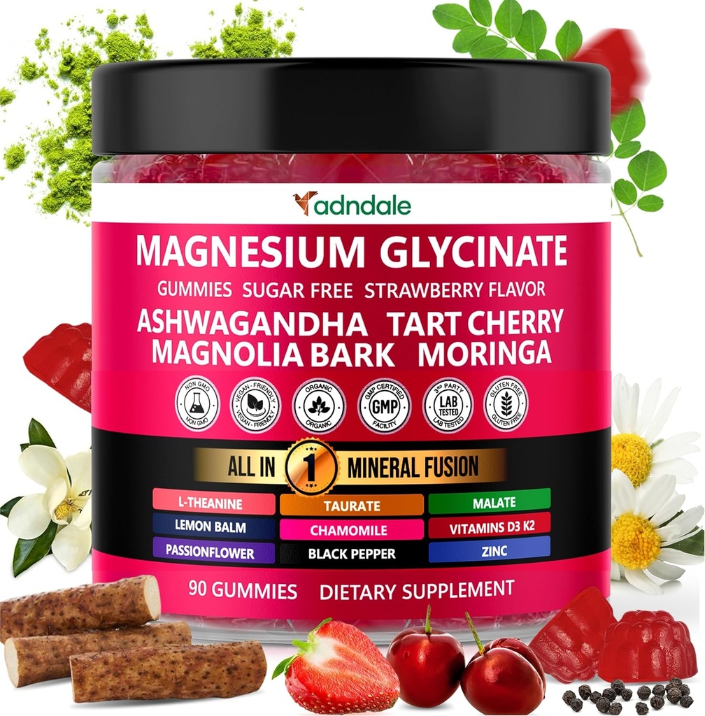 Adndale 90ct 15-en-1 Magnésium Glycinate Gommies 400 mg/serv- avec Magnésium Malate, Ashwagandha, Tart Cherry, Magnolia Bark, Lemon Baume, Passionflower, Camomille, L-Theanine, Zinc, Vitamine K2 & D3