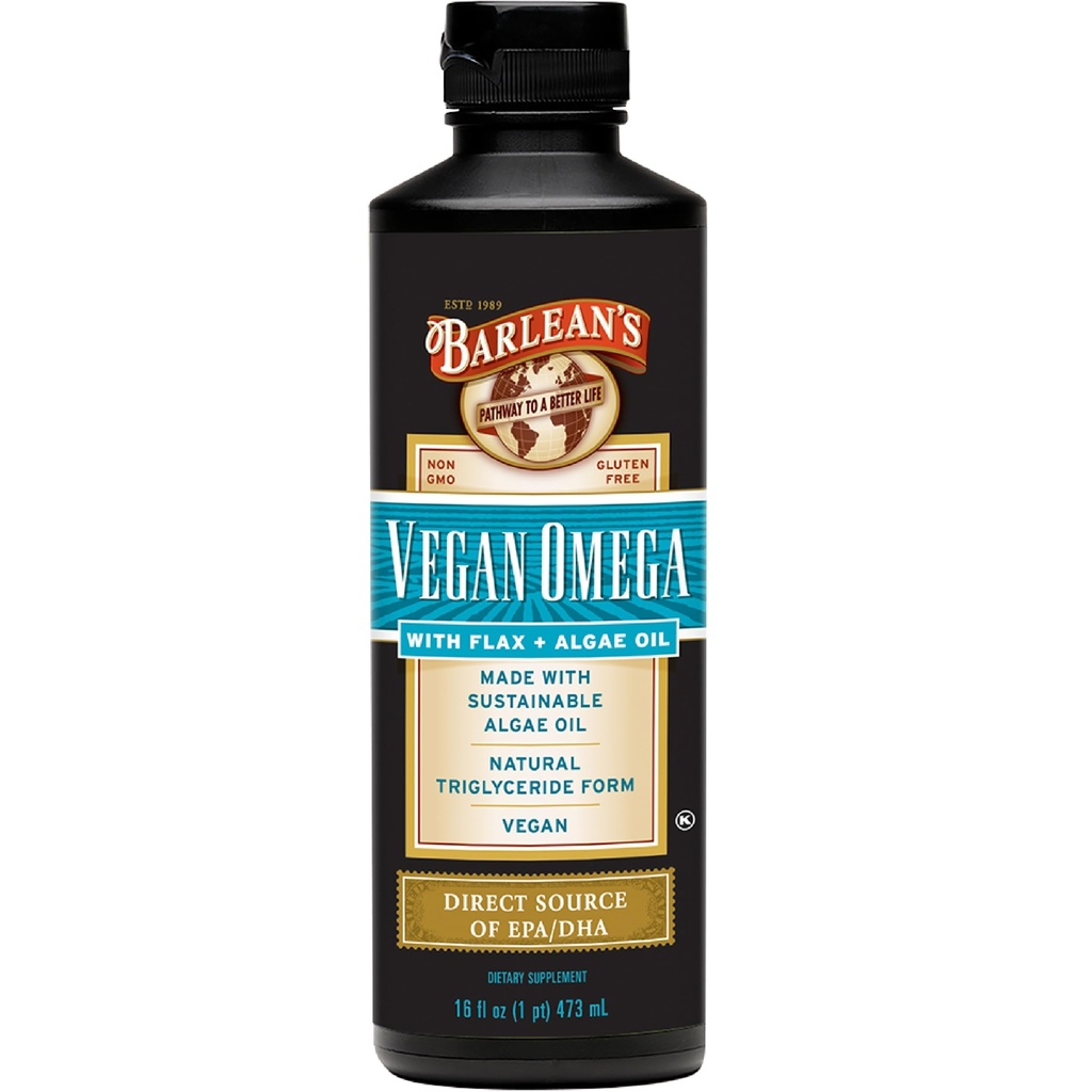 Barlean's Vegan Omega Liquid Flax and Algae Oil Plant Based EPA DHA Supplement from Algal Oil and Organic Flaxseed, Omégas 3 6 and 9 Fatty Acid Supplements, 16 Onces