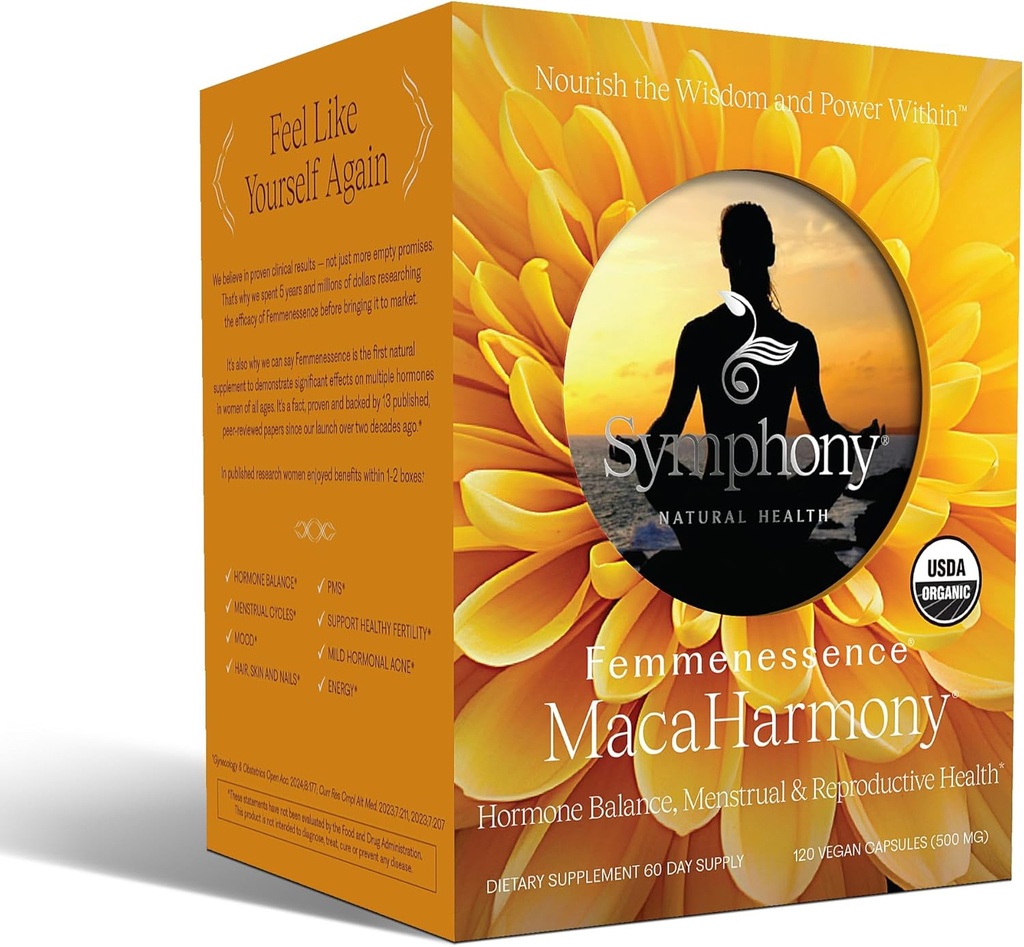 Femmenessence MacaHarmony – Scientifiquement prouvé pour soutenir l'équilibre hormonal pour les femmes, cycle menstruel régulier, SPM, Acné, peau saine, fertilité, capsules de maca biologique naturelle (120)