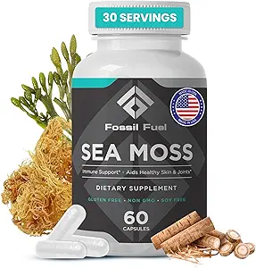 Combustible fossile - Superalimentaire biologique pour l'énergie, la santé digestive, le soutien immunitaire et le soulagement de l'inflammation - emballé avec des nutriments essentiels et minéraux, mousse de mer (60 capsules)
