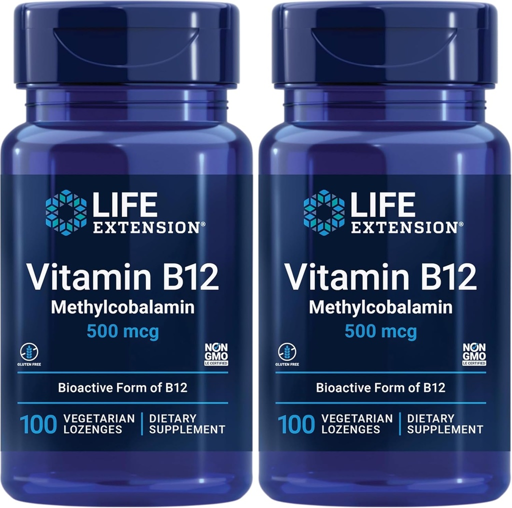 Durée de vie Vitamine B12 méthylcobalamine 500mcg - Supplément de vitamine B12 pour l'énergie générale et la santé du cerveau - Lozanges végétariennes sans sucre dissous dans votre bouche - Une fois par jour - 100 Compte