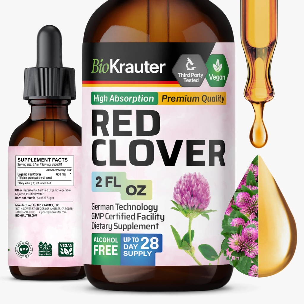 Teinture de trèfle rouge BIO KRAUTER - Extrait de trèfle rouge - Supplément liquide pour le soutien des femmes - Sans alcool et sans sucre - gouttes véganes 2 Fl.Oz.