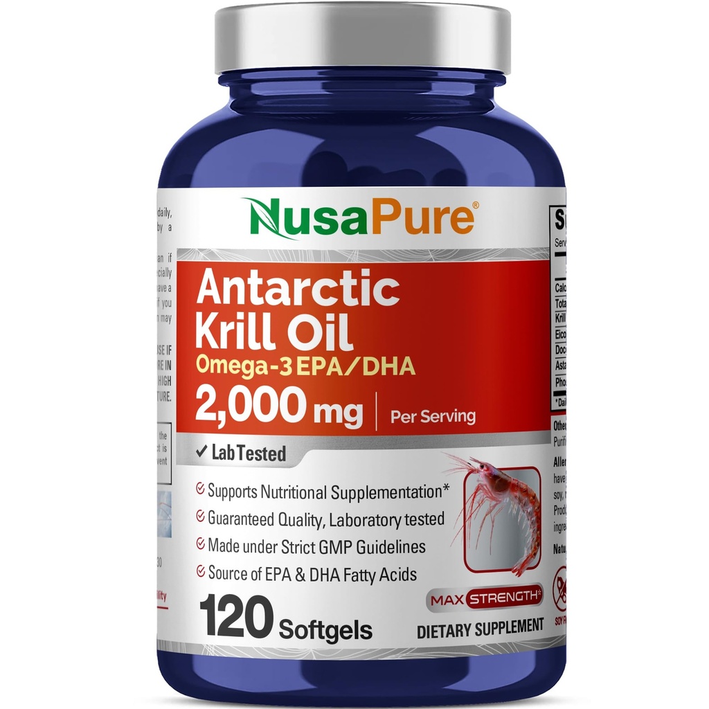 NusaPure Antarctique Krill Oil 2000 mg 120 Softgels, Omega-3 EPA 360mg, DHA 240mg, supplément d'astaxanthine sans soja provenant de Krill 800ppm