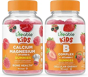 Calcium Lifeable Magnésium Kids + B Complexe Kids, Gommies Bundle - Grande dégustation, supplément de vitamine, sans gluten, sans OGM, gommy à croquer