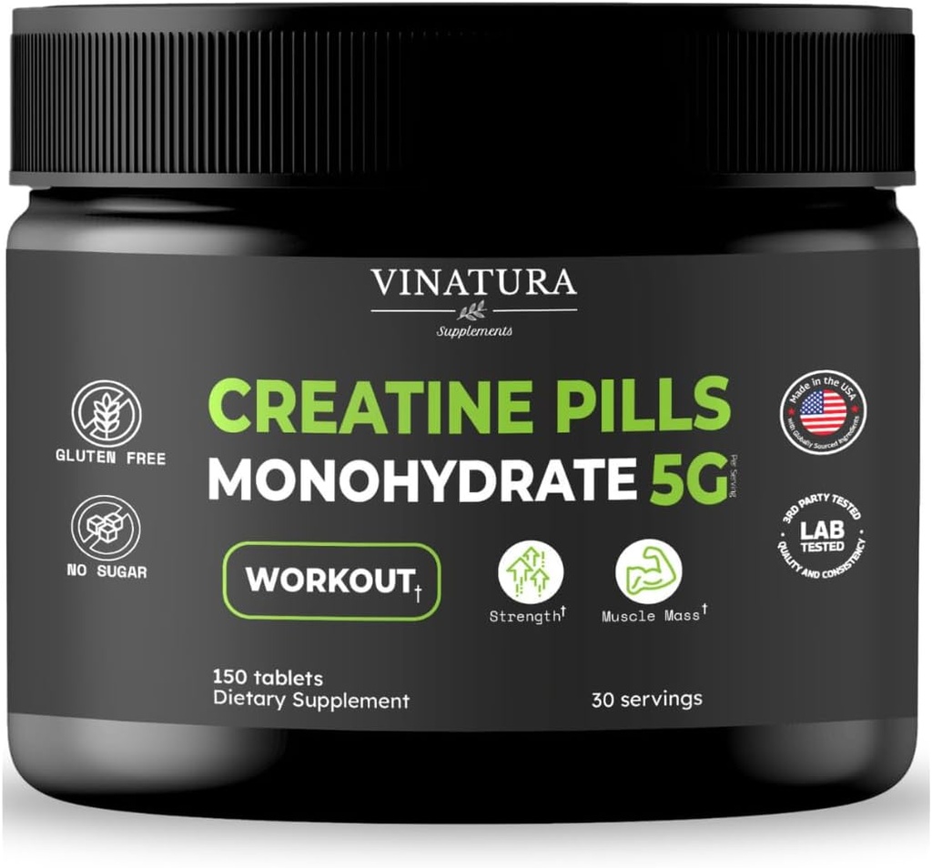 VINATURA Pilules monohydratées de créatine 5g - comprimés de créatine, pilules de créatine pour hommes, femmes, créatine en capsules *USA Fabriqué et testé* Non aromatisé, créatine monohydratée Poudre alt, 150 comprimés 30 portions