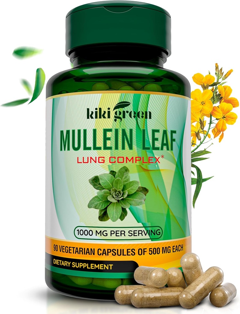 KIKI Green Mullein Leaf Extract Capsules - Supplément végétalien à base de plantes - pour le nettoyage pulmonaire, le soutien, une meilleure fonction respiratoire, immunitaire - 1000mg 45 portions - 90 Compte