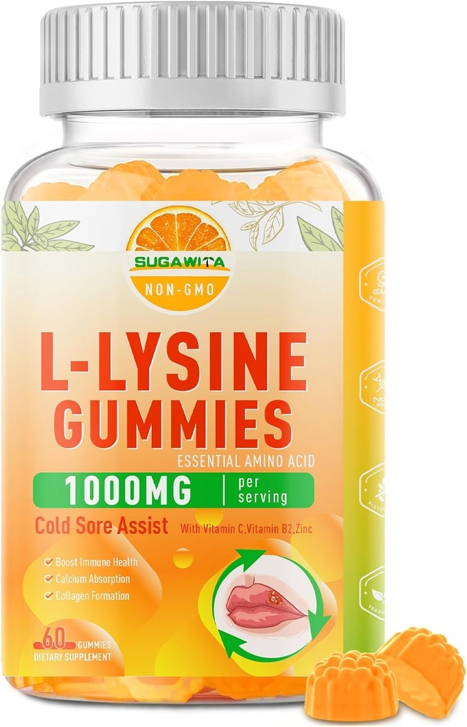 Gommies L-Lysine 1000 mg, supplément de mal à froid avec soutien immunitaire pour les lèvres et orale, Gommies Lysine à croquer pour adultes et enfants, Boost Immune & Collagen, non-OGM, végétalien, sans gluten - 60 comtes