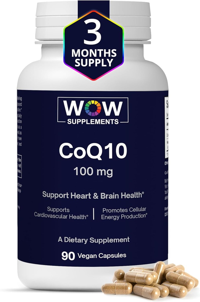 WOW Suppléments CoQ10 100 mg avec Hawthorn Berry - CoQ10 100mg haute absorption pour la production d'énergie, la santé cardiaque et cellulaire - Coenzyme non-OGM, sans gluten Q10 100mg Supplément - 90 Capsules