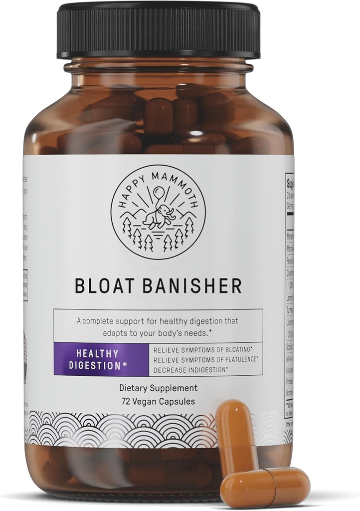 Happy Mammoth Bloat Banisher Natural Relief for Bloating, Gas, Indigestion & Discomfort. Promotes Healthy Digestion of Even Difficult Foods Like Dairy, Breads, Pizza, Cheese & Meats. 72 Caps