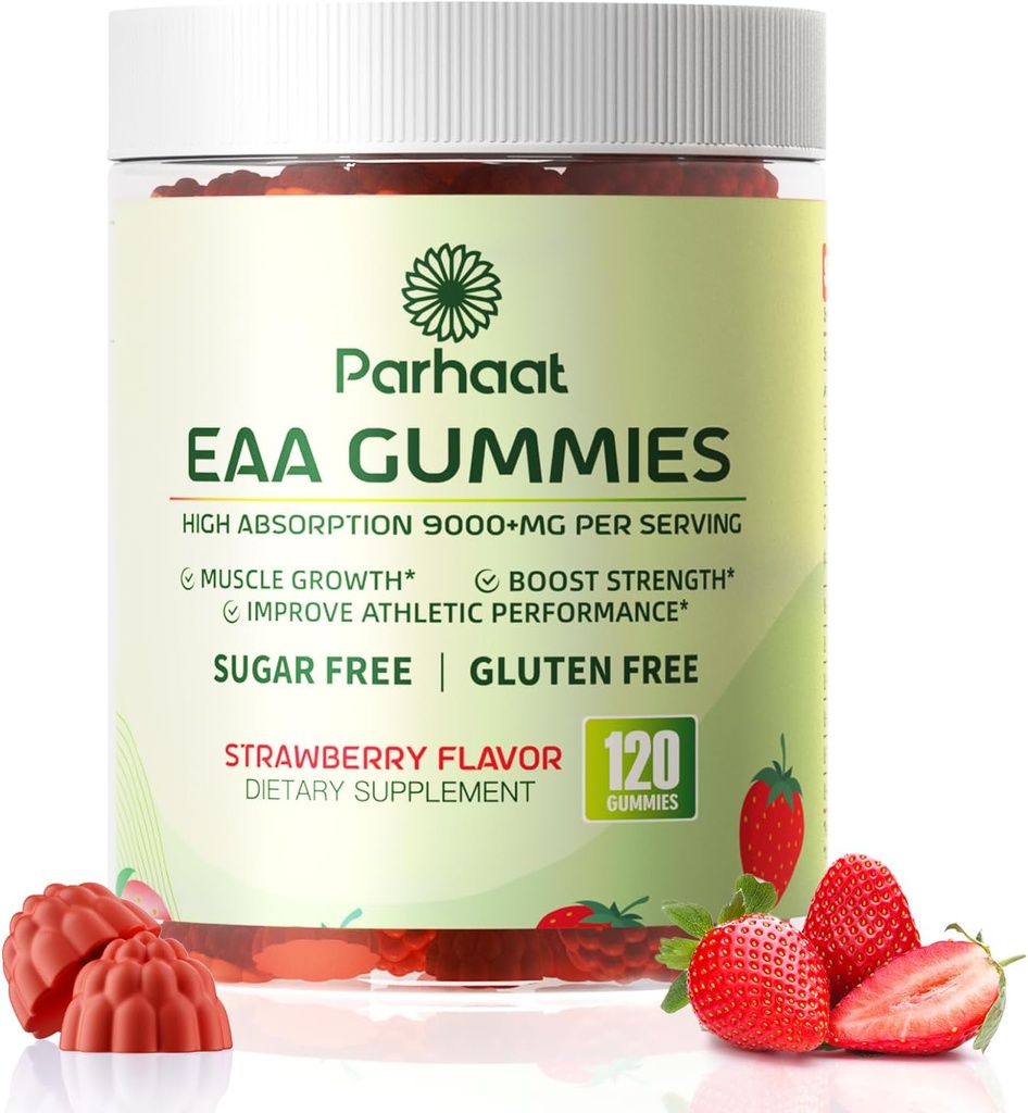 EAA Gummies 120 Gummies (Strawberry), acides aminés essentiels - tous les 9 aminos essentiels (EAA) et tous les aminos à chaîne ramifiée (BCAA), non-OGM, sans gluten, respectueux des végétaux