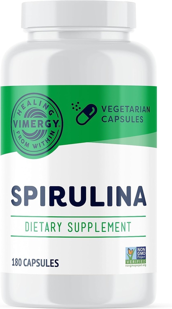 Vimergy Spirulina Capsules – Protéines végétales concentrées soutient la santé immunitaire et la fonction cardiovasculaire – végétalien, kosher, sans gluten – 180 capsules