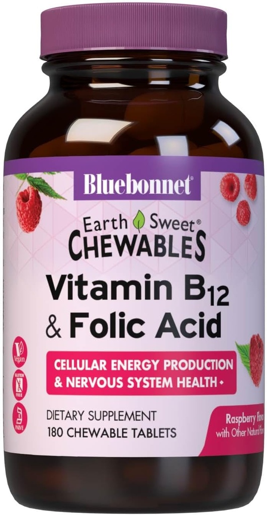 Bluebonnet Nutrition Terre Vitamine douce B12 1000 mcg et acide folique 400mcg Cerveau Santé et énergie* Vitamines pour les femmes et les hommes - Framboise végétalienne, sans gluten B 12 Vitamine - 180 comprimés à croquer
