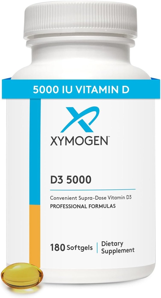 XYMOGEN D3 5000 - Biodisponible Vitamine D3 5000 UI (125 mcg) - Supplément de vitamine D à haute puissance pour soutenir la santé immunitaire, os + santé cardiaque (180 softgels)