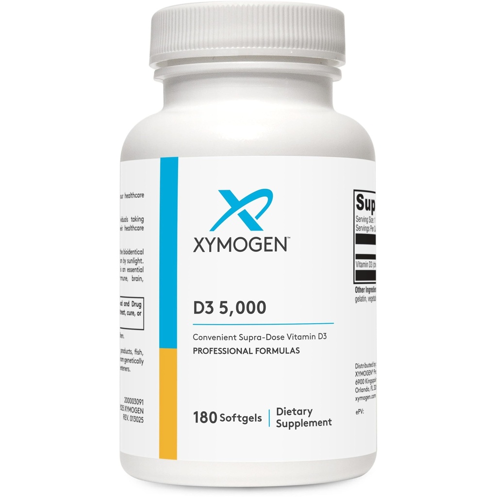 XYMOGEN D3 5000 - Biodisponible Vitamine D3 5000 UI (125 mcg) - Supplément de vitamine D à haute puissance pour soutenir la santé immunitaire, os + santé cardiaque (180 softgels)