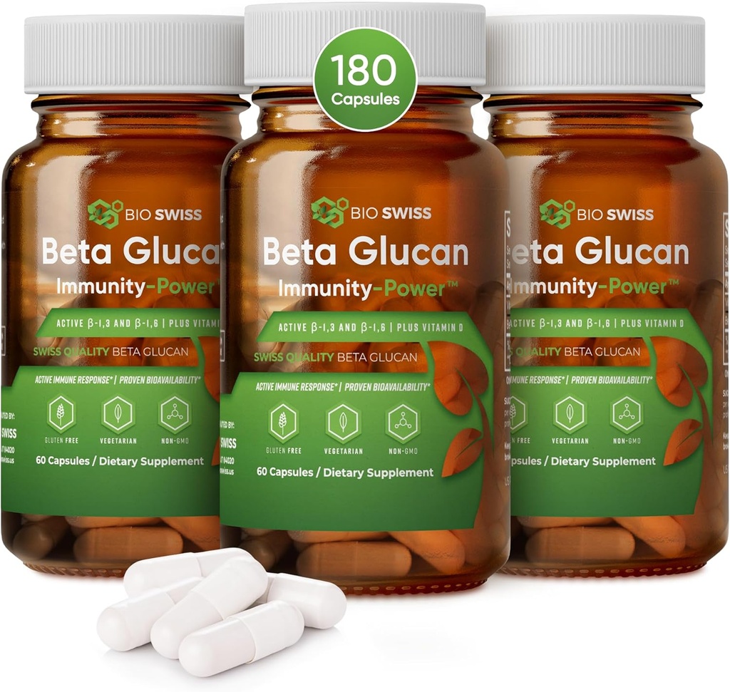 Bio Swiss Beta Glucan Immunity Power - 1,3D-1,6D Glucan avec vitamine D - Supplément de soutien immunitaire pour la défense et le bien-être améliorés - Vegan, sans gluten (180 capsules)