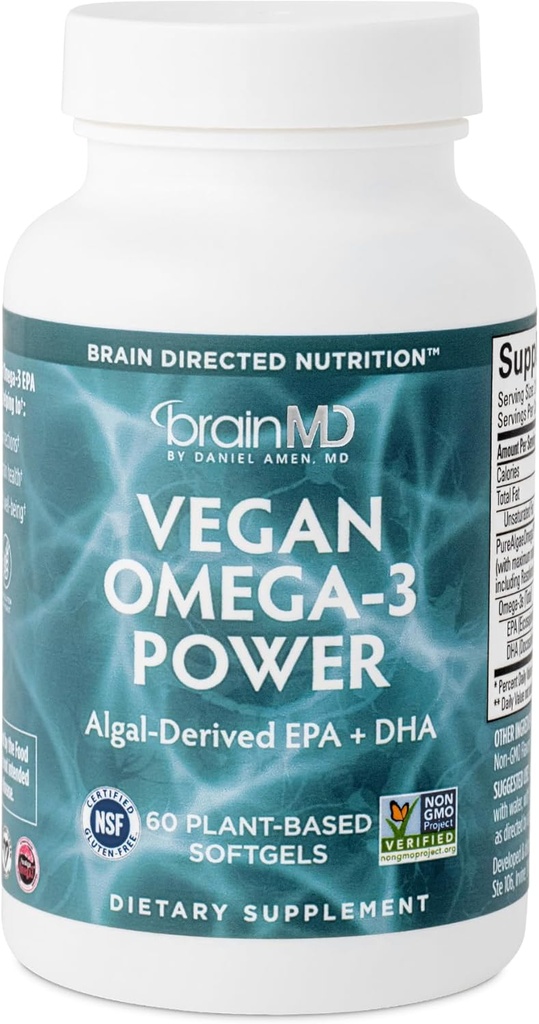 BRAINMD Dr Amen Vegan Omega-3 Power - 60 softgels à base de plantes - 1 100 mg d'EPA & DHA - Soutient la concentration, la mémoire et la santé cardiaque - Vegan, sans gluten et non-OGM - 30 portions