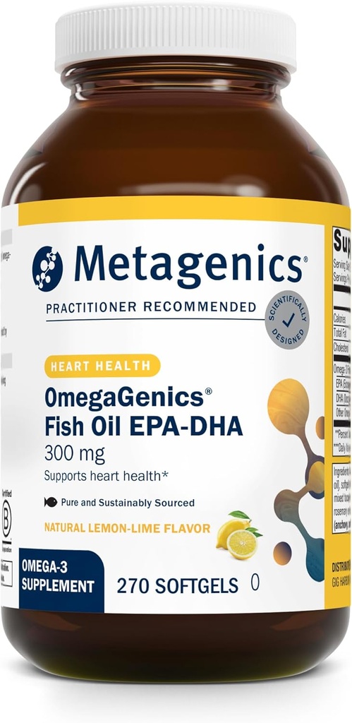 Métagène OmegaGenics Fish Oil EPA-DHA 300-180 mg EPA et 120 mg DHA par Softgel - Soutient la santé du coeur, du cerveau, des yeux, des articulations et des immunes* - Non-OGM, sans gluten - Installation certifiée GMP - 270 Softgels