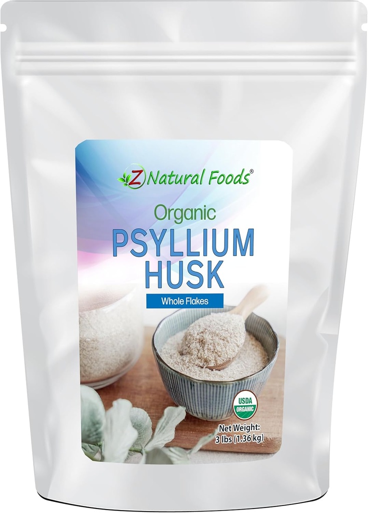 Z Alimentations naturelles Psyllium organique entier Flakes musc, un supplément de fibre naturelle, mélangez-le dans des smoothies, jus, non-OGM, végétalien, sans gluten, casher, 3 lb.