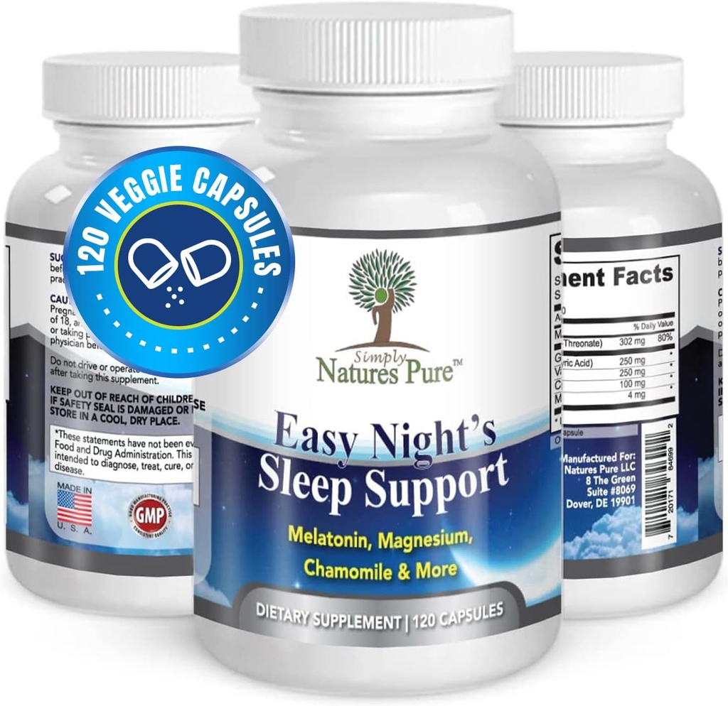 Simply Natures Pure – Easy Night's Sleep Support – Supplément naturel – Magnésium – Racine Valérienne – Camomille – Melatonine – Capsule végétale - Non-OGM