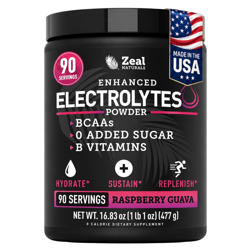 Zeal Naturals Electrolyte Powder Recovery Drink (90 portions) w 0 sucre + BCAAs + B-Vitamines Electrolyte Supplément w Potassium Zinc & Magnésium pour l'hydratation - Keto Electrolytes