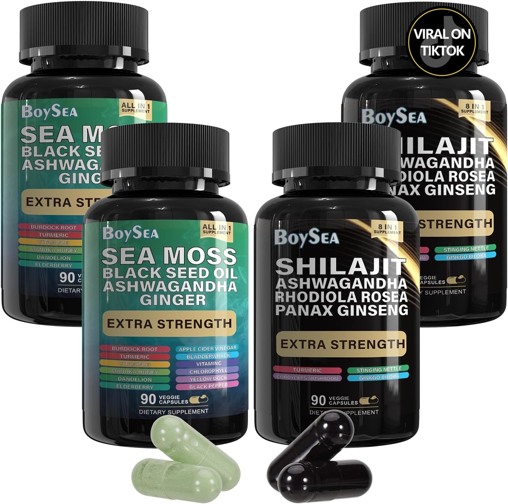 Boysea.Shilajit and Sea Moss Bundle- 90 Count - Sea Moss, Black Seed Oil, Ashwagandha, Ginger & Shilajit, Rhodiola Rosea, All in 1 Supplements (2 Pc)