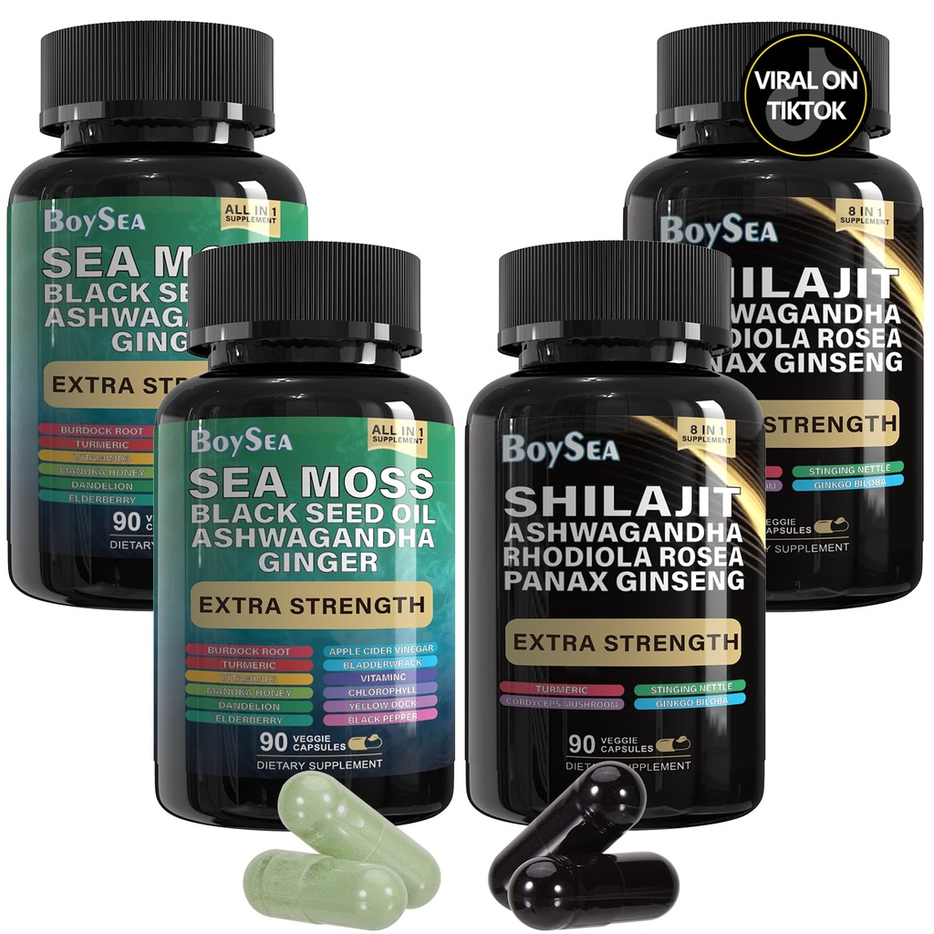 Garçon. Shilajit and Sea Moss Bundle- 90 Compte - Moss, huile de graines noires, Ashwagandha, Ginger & Shilajit, Rhodiola Rosea, Tous en 1 Suppléments (2 Pc)