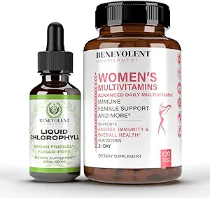 Benevolent Chlorophylle Liquid Drops & Women's Multivitamin - 100% Naturel + 4X Concentration de puissance pour la peau saine et désodorisant interne - Vitamines quotidiennes pour les femmes avec biotine, calcium, magnésium