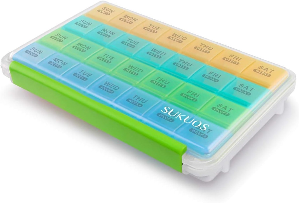 Sukuos Monthly Pill Organizer 28 Day Facile à ouvrir, de grandes boîtes à pilules résistant à l'humidité avec boîte antipoussière et couvercle transparent pour la vitamine / huile de poisson / suppléments