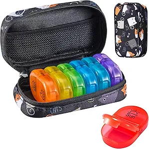 Serfeymi Weekly Pill Organizer 2 fois par jour AM PM Upgraded Rainbow Pill Box 7 Day with Portable Zipper Toile Pill Case, Organisateur de Médecine pour les pilules, les vitamines, les huiles de poisson - Noir 02