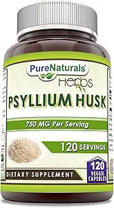 Pure Naturals Psyllium Husk Supplement (complément de musc) 750 Mg par service (comprimé) Capsules de légumes non-OGM (sans gluten) Fabriquées aux États-Unis (120 Nombre)