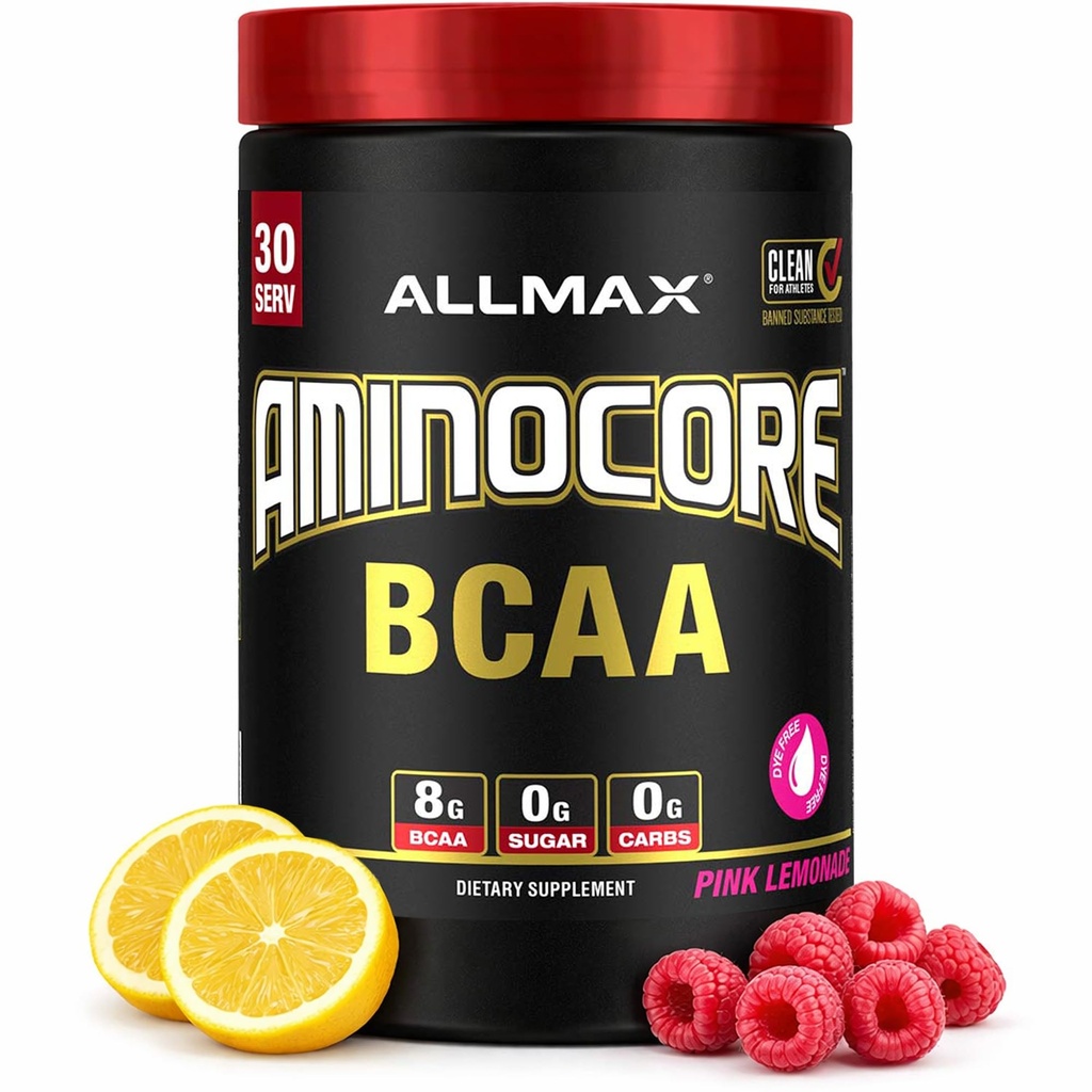 ALLMAX Nutrition AMINOCORE BCAA – 8G BCAAs – Acides aminés enchaînés 100% branches pures – Sans gluten - Cimonade rose - 315 Gram