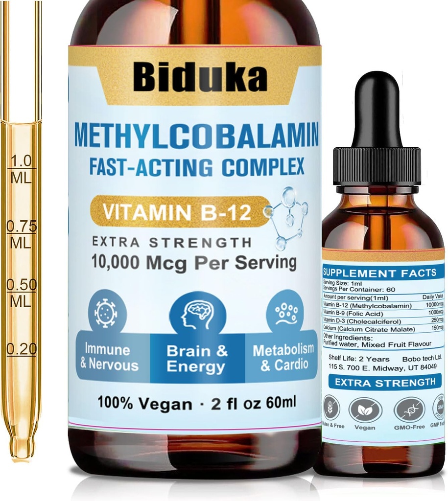 10 000 mcg de vitamine B12 gouttes liquides sublinguales, formule unique avec D3, B9 (acide folique), Calcium, énergie de soutien, coeur, humeur, cerveau, système immunitaire, végétarien, sans OGM et sans gluten