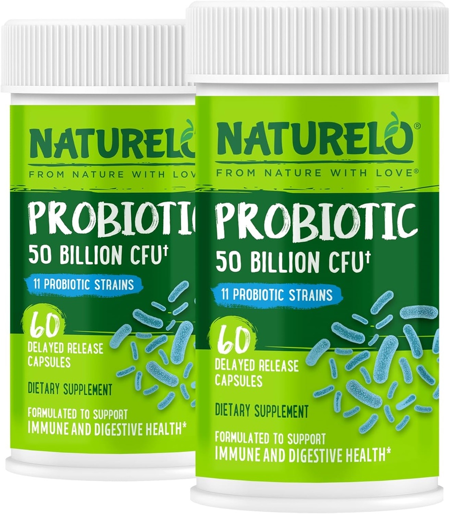 NATURELO Probiotiques pour la santé digestive - 50 milliards CFU, 11 souches, supplément d'utilisation quotidienne - booste le système immunitaire, libération retardée, sans réfrigérateur, 60 capsules végétariennes (paquet de 2)