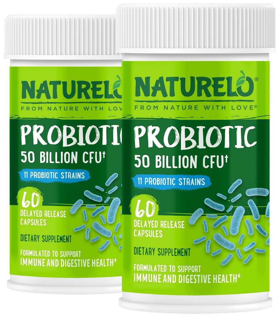 NATURELO Probiotiques pour la santé digestive - 50 milliards CFU, 11 souches, supplément d'utilisation quotidienne - booste le système immunitaire, libération retardée, sans réfrigérateur, 60 capsules végétariennes (paquet de 2)