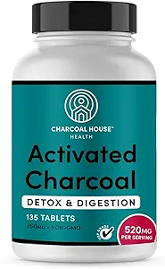 Charcoal House Chewable Activated Charcoal Comprimés pour adultes , naturel, végétalien, non-OGM et sans gluten , pour les dents, l'estomac, le gaz et les nausées , USP grade alimentaire , 135 ct.