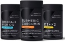 Sports Research Wild Alaskan Pollock Omega 3 Fish Oil 90 Softgels (1250 mg), Turmeric Curcumin C3 Complex (120 Softgels) and Vegan 5000 IU Vitamin D + 100mcg Mk7 Vitamin K (60 Softgels)