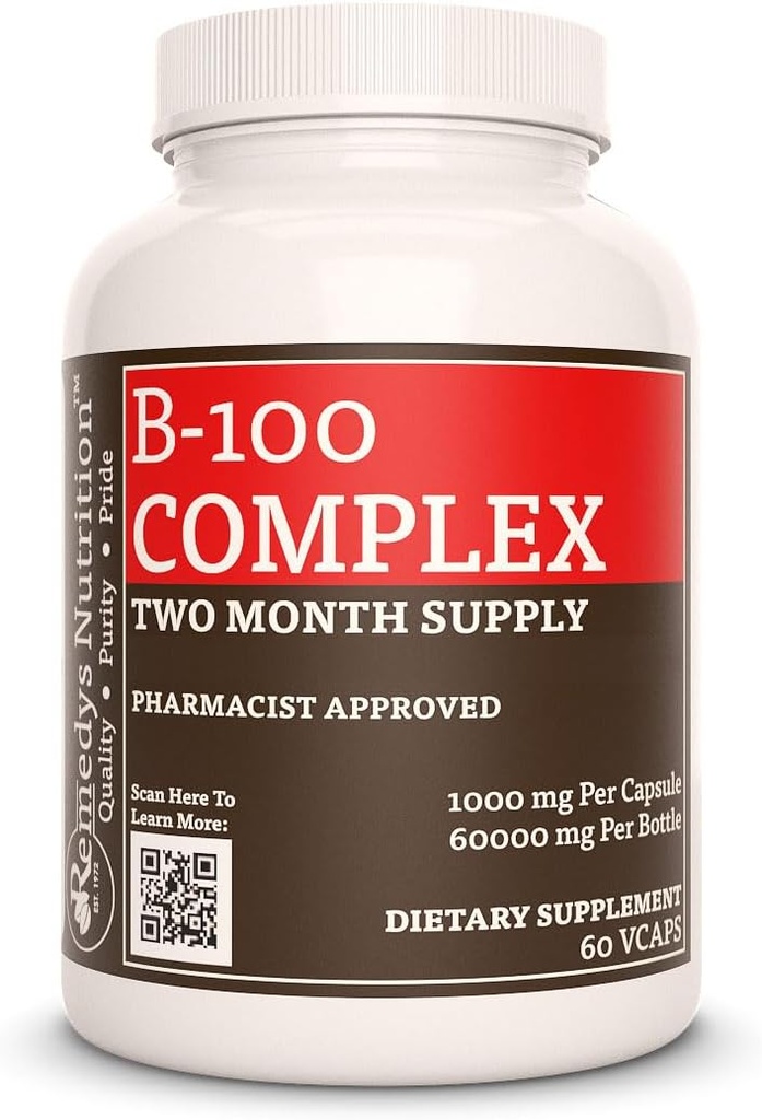 La nutrition de Remedy Vitamine B-100 Complexe $1,000 mg, 60 Capsules végétaliens Complément alimentaire $ Approvisionnement de deux mois